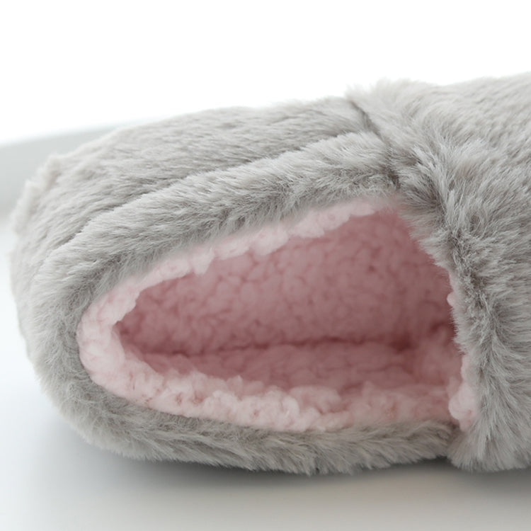 Gray cotton plush slipper close-up showing pink fuzzy inner lining