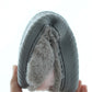 Gray cotton plush slipper side view with textured outer and soft faux-fur trim