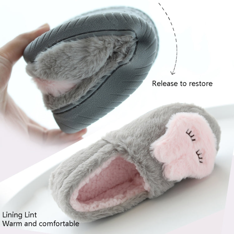 Gray soft-soled cotton slippers with pink plush lining, bunny face detail, thick sole