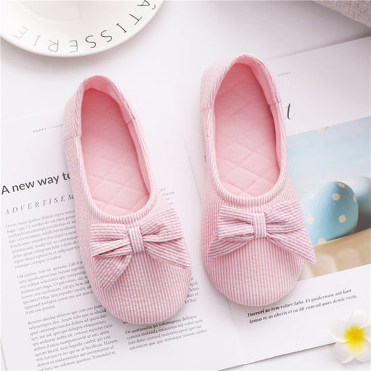 Pink striped bow slip-on indoor slippers with quilted insole and rounded toe