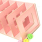 Pink wooden CD rack showing open front compartments and curved slot cutouts