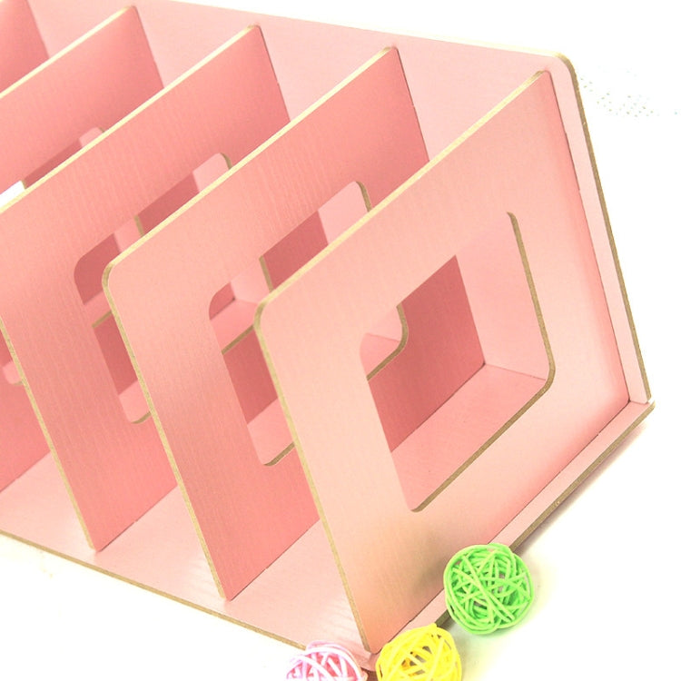 Pink wooden CD rack showing open front compartments and curved slot cutouts