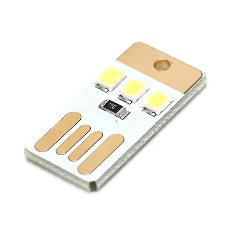 USB LED keychain light board with 3 white LEDs on a compact black-and-gold card