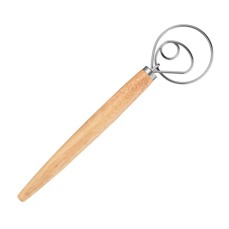Oak-handle dough mixing whisk with stainless steel single-circle agitator coil
