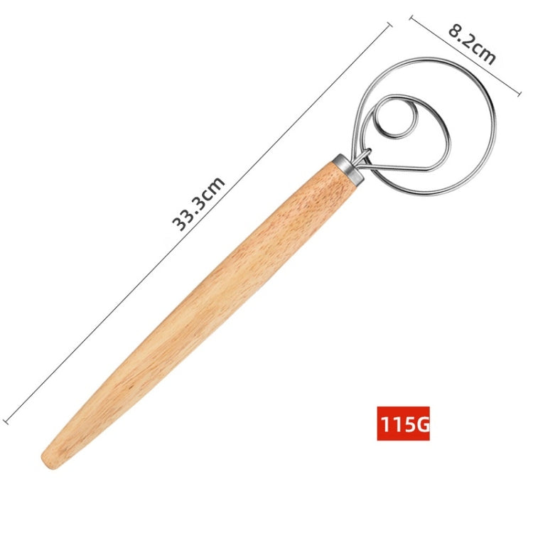 Oak-handle dough mixing whisk, stainless steel single-circle agitator; length 33.5 cm