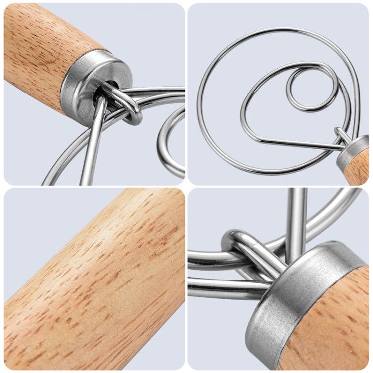 Stainless steel connector and coil whisk on oak handle for dough mixing