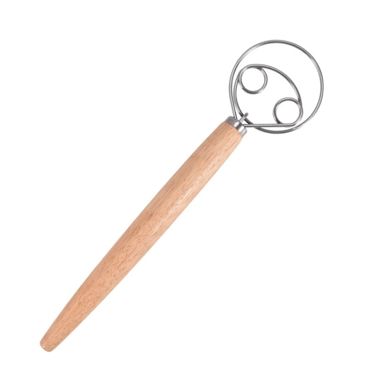 Oak-handle dough mixing whisk with stainless steel double-circle agitator coil