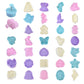 Set of 3D push-style cake molds in blue, pink, purple, and cream shapes