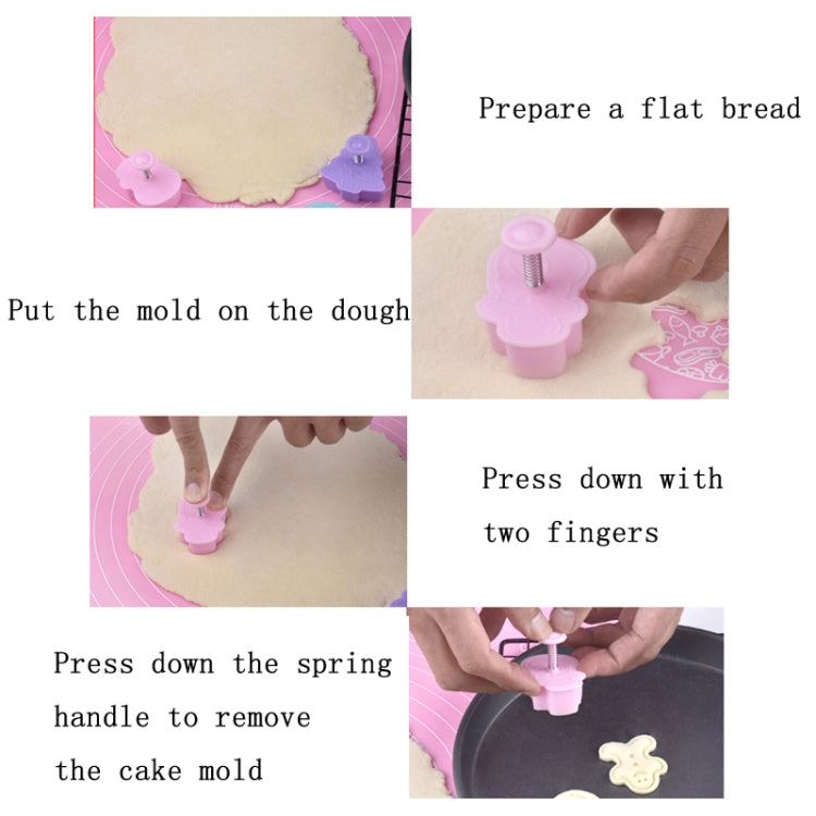 Push-type cake mold showing pressing and removing from fondant dough, spring handle
