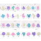 Assorted push mold size chart with labeled shape dimensions and codes