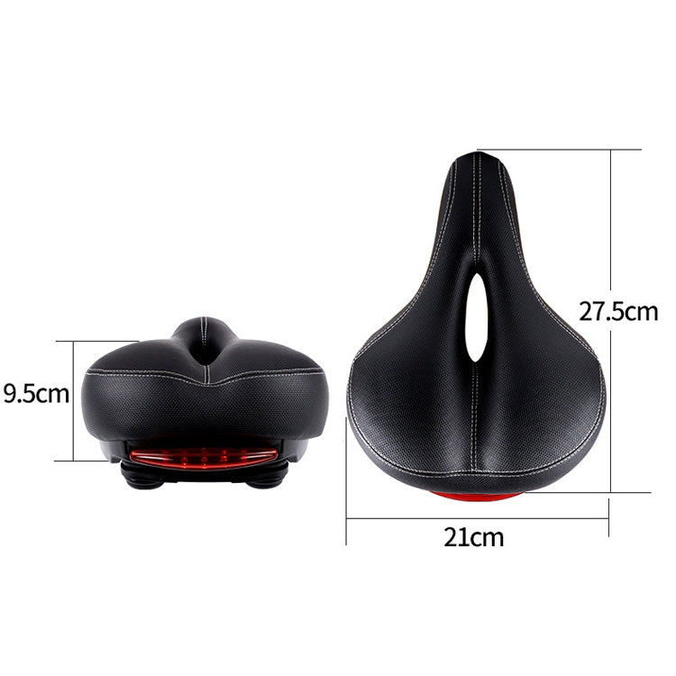 Black bicycle saddle shown from side and underside, with rear red taillight