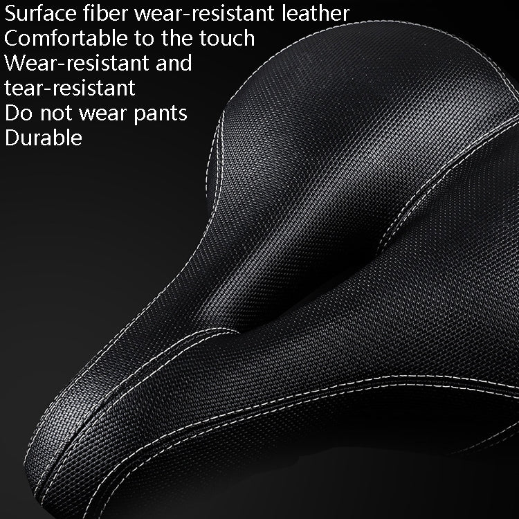 Black bicycle saddle close-up with textured surface and white stitched edge