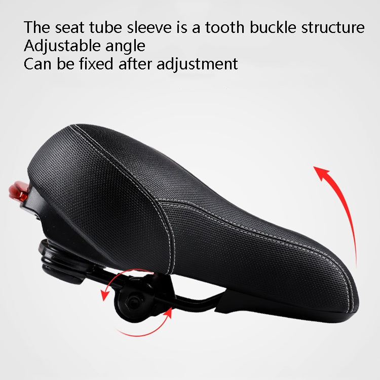 Black bicycle saddle with adjustable seat-tube clamp and rear red taillight
