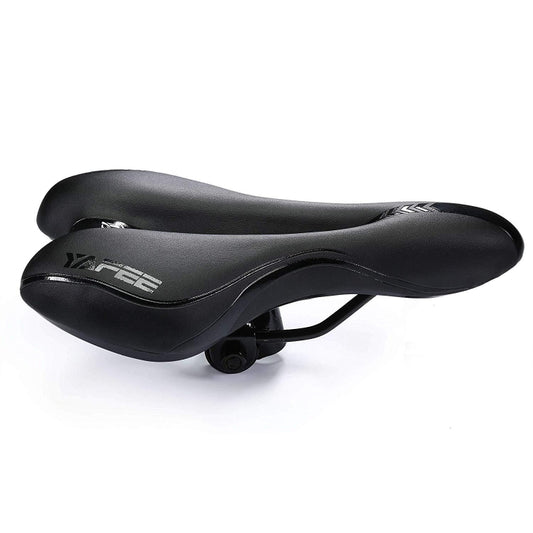 Black bicycle saddle with side logo and contoured cushioned profile