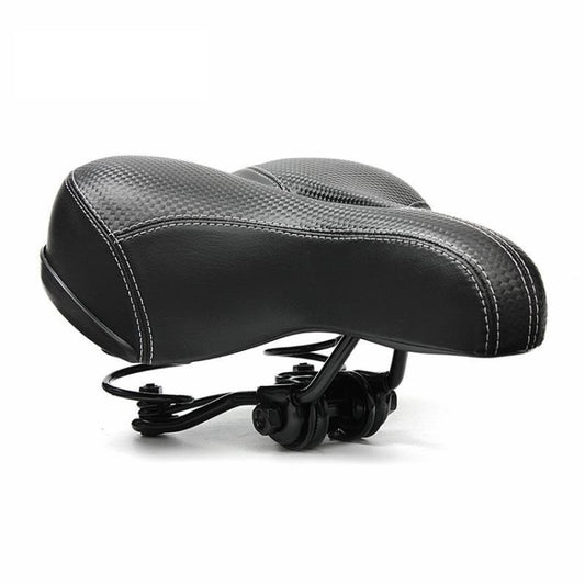 Comfort bike seat, black saddle with textured side panels, white edge stitching and rear springs