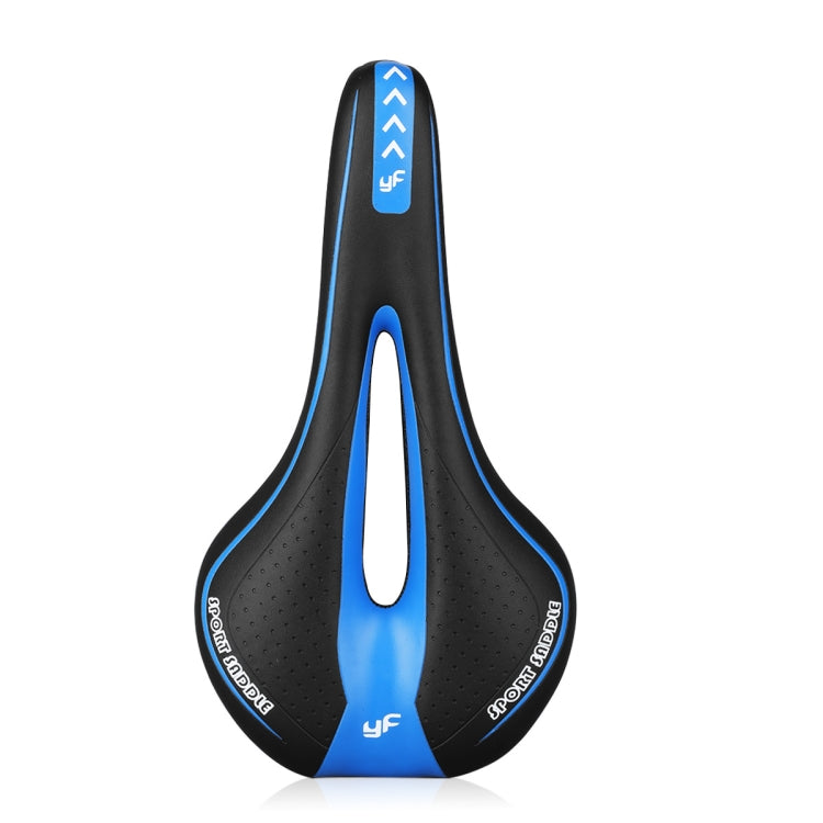 Black-and-blue bike saddle with center cutout and perforated grip texture