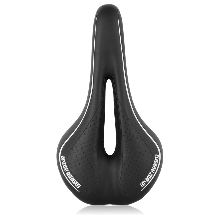Black bike saddle with vertical center cutout and perforated top surface