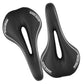 Black bike saddle with side cutout and perforated texture on the top