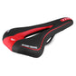 Black and red bike saddle with oval cutout and curved sporty stripe design
