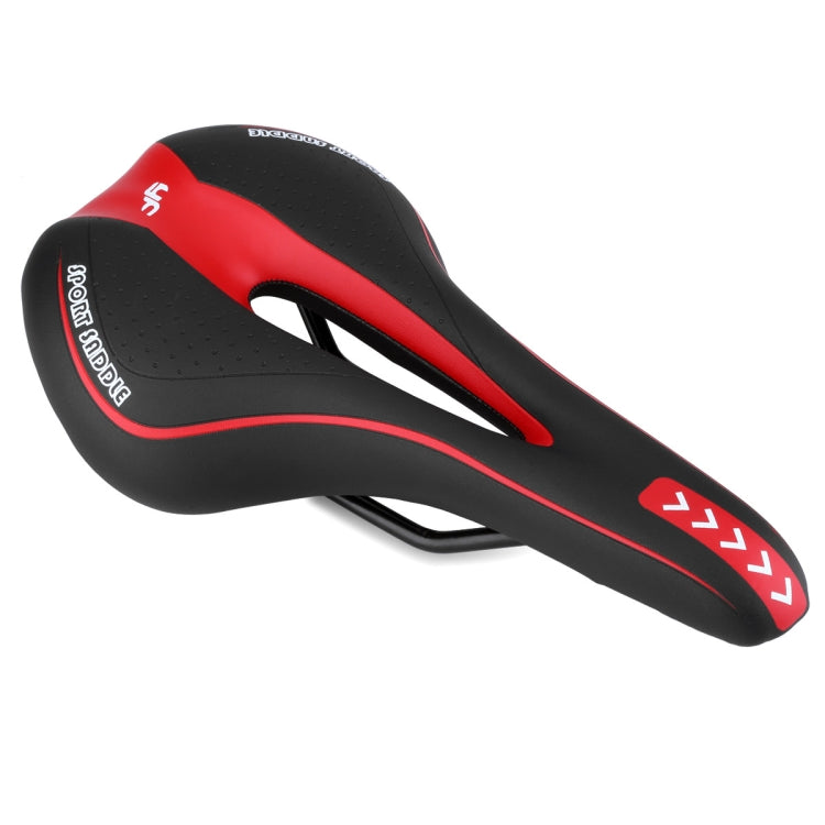 Black and red bike saddle with perforated top and oval side cutout
