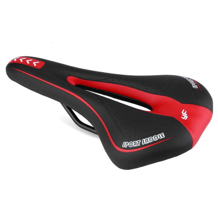 Black and red bike saddle with center oval cutout and curved sport striping