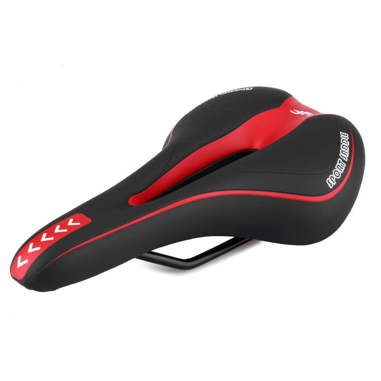 Black and red bike saddle with red stripe accents and side oval cutout