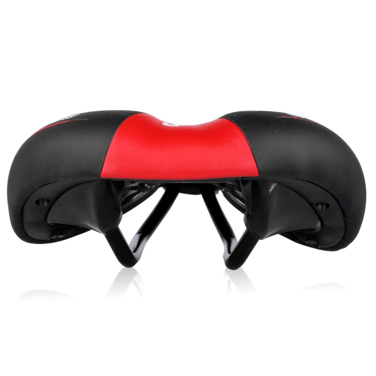 Black bike saddle with red center panel and visible underside support bars