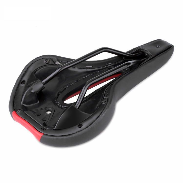 Black bike saddle underside with mounting screws and center support brace
