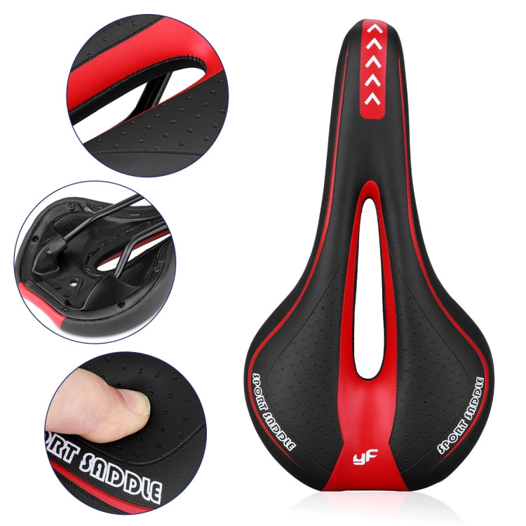 Red and black bicycle saddle with center cutout and textured surface, YF logo