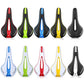Multi-color mountain bike saddles in black, red, blue, green, yellow with center cutout
