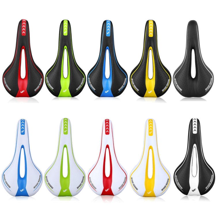 Multi-color mountain bike saddles in black, red, blue, green, yellow with center cutout