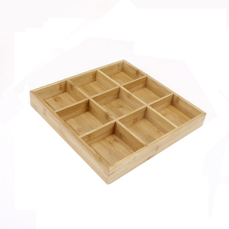 Light bamboo nine-compartment grid platter with separate square sections and raised edges.