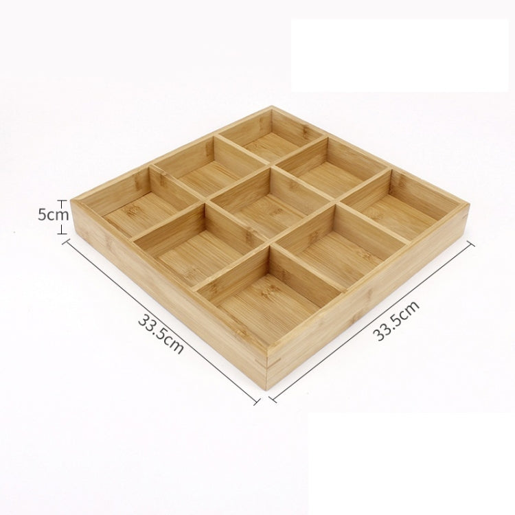 Light bamboo nine-compartment grid platter, divided into nine square sections for serving.