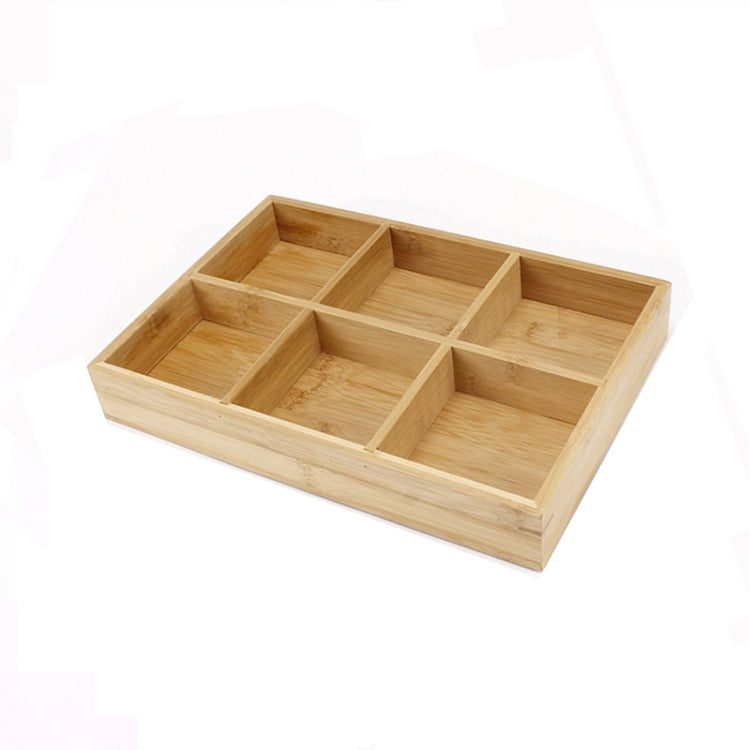 Light bamboo six-compartment grid platter with divided square sections and a shallow tray base.