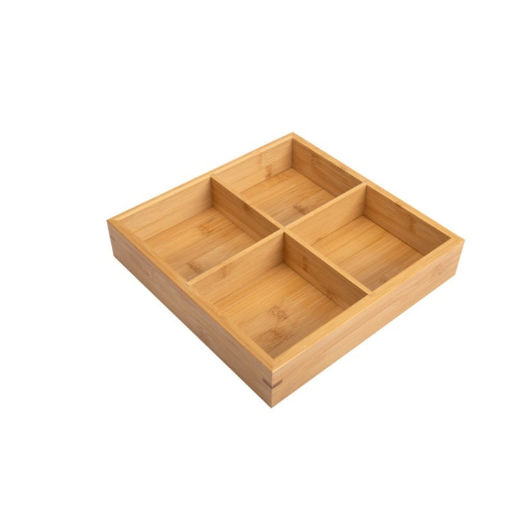 Light bamboo three-compartment grid platter with dividers for separate food sections.