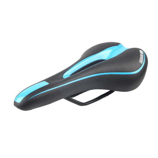 Black bicycle saddle with blue accents and oval center cutout