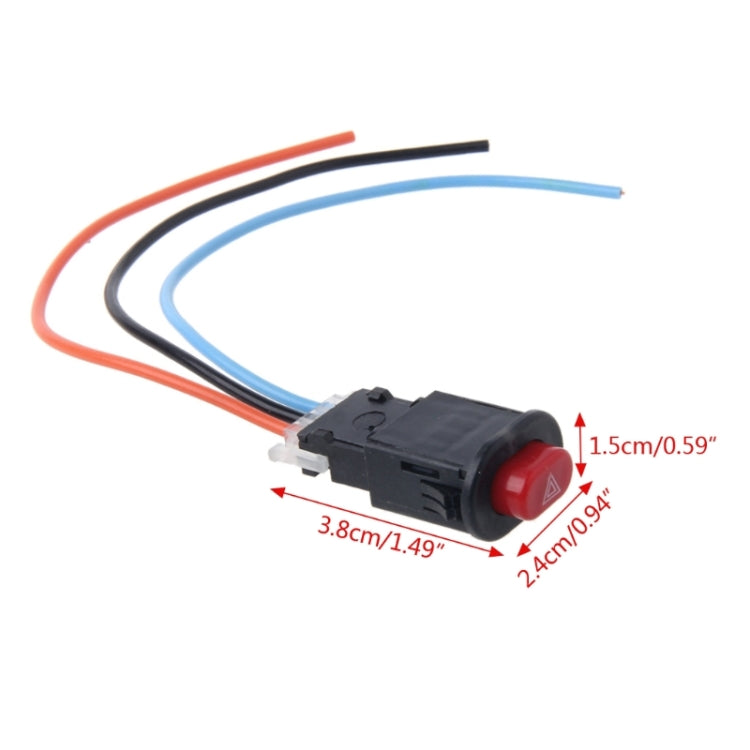 Hazard light switch with red triangle button, wire leads; 3.8 x 2.4 x 1.5 cm