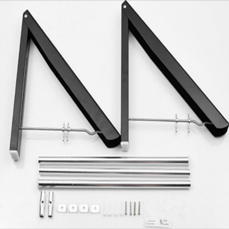 Black wall-mounted drying rack set with two arms, metal bar, and hardware pieces