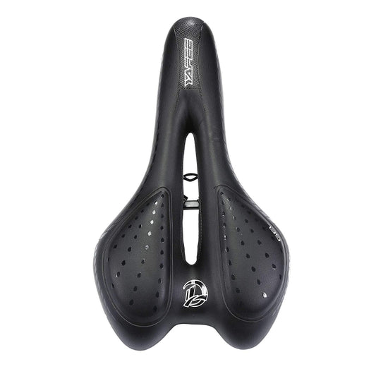Black silicone bike seat cushion with center cutout and side ventilation holes.
