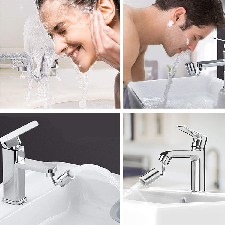 Chrome faucet dispensing filtered water over sink during hand washing