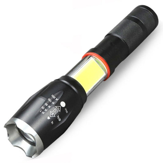 Black LED telescopic flashlight with silver front bezel and textured grip