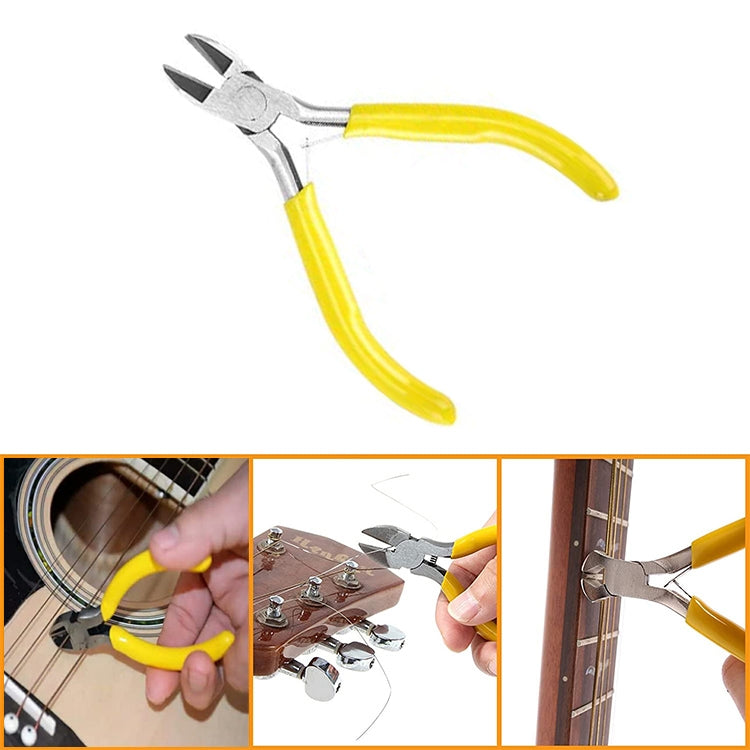 Yellow-handled wire cutters with silver head for removing guitar strings