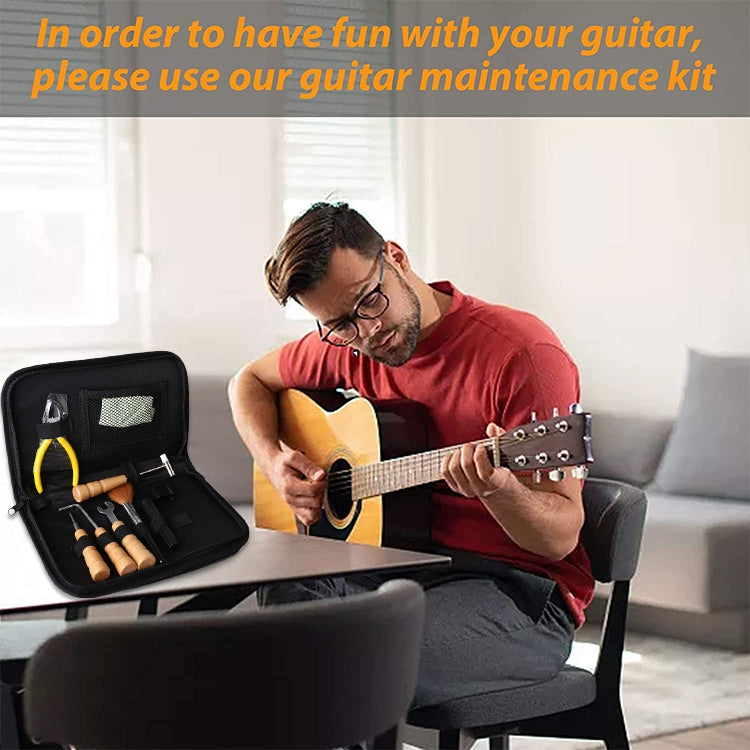 Guitarist using an open string changing kit case while holding an acoustic guitar