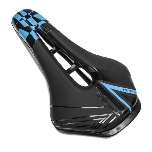 Bicycle saddle, black with blue accents and geometric graphics on the side.