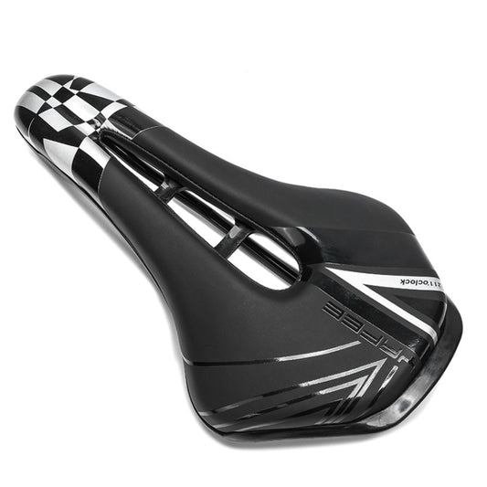 Bicycle saddle, black with white checkered pattern on the front and side cutout.