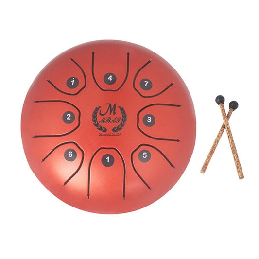 5.5-inch C-tune Sanskrit steel tongue drum, red shell with tone-note layout and wooden mallets