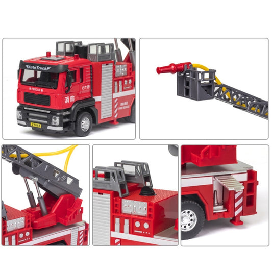 Red fire rescue ladder truck toy with detailed cab, ladder, and lift sections