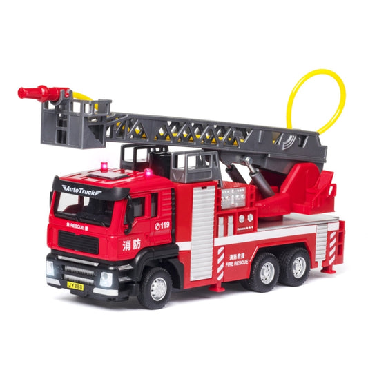 Red fire rescue ladder truck toy with raised extendable ladder and rubber wheels