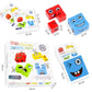 Wooden face-change cube puzzle set with character blocks shown with size markings