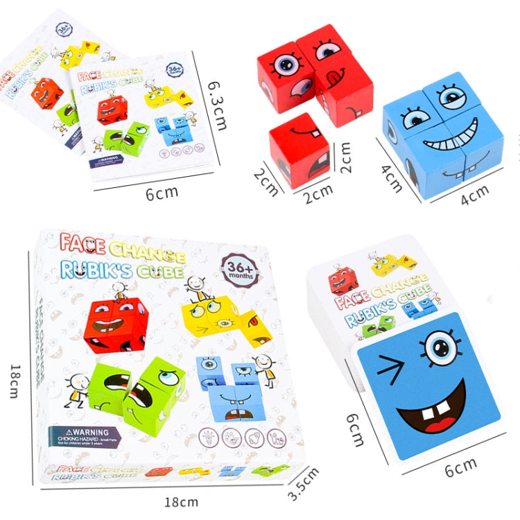 Wooden face-change cube puzzle set with character blocks shown with size markings